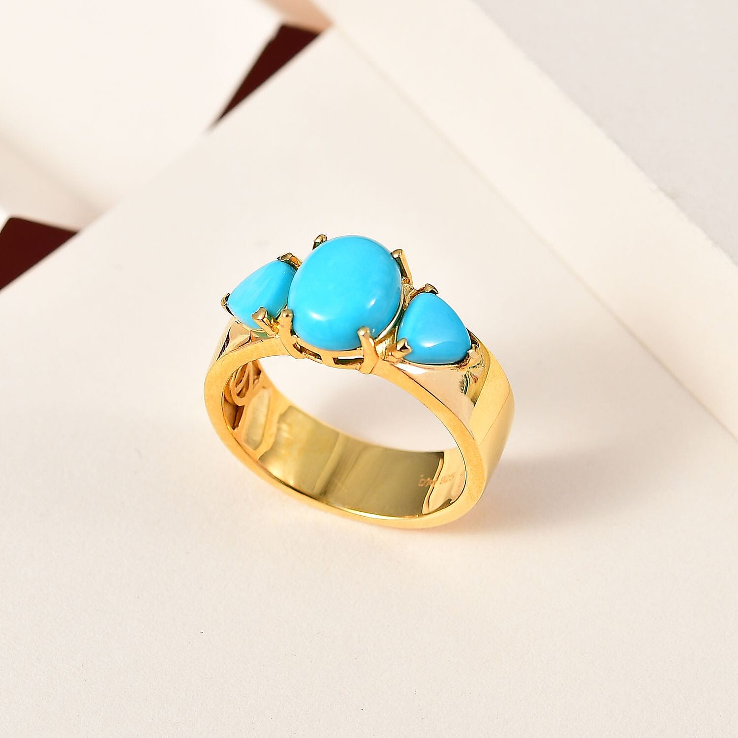 Sleeping Beauty Turquoise 3 Stone Ring in Vermeil Yellow Gold Over Sterling Silver (Size 10.0) 3.15 ctw