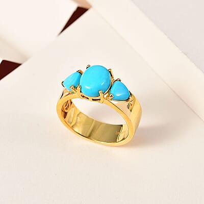 Sleeping Beauty Turquoise 3 Stone Ring in Vermeil Yellow Gold Over Sterling Silver (Size 10.0) 3.15 ctw