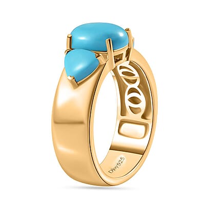 Sleeping Beauty Turquoise 3 Stone Ring in Vermeil Yellow Gold Over Sterling Silver (Size 10.0) 3.15 ctw