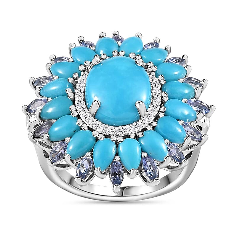 AAA Sleeping Beauty Turquoise and Multi Gemstone Floral Ring in Platinum Over Sterling Silver (Size 10.0) 8.60 ctw