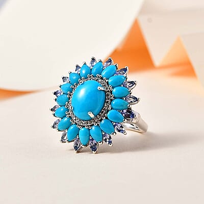 AAA Sleeping Beauty Turquoise and Multi Gemstone Floral Ring in Platinum Over Sterling Silver (Size 10.0) 8.60 ctw