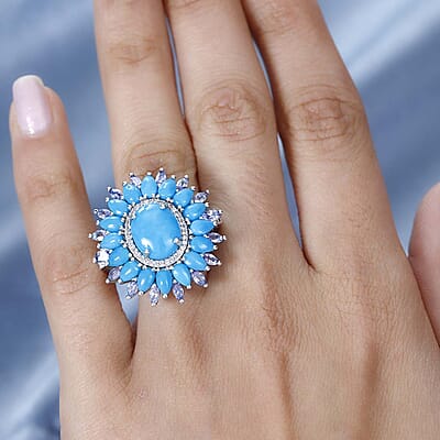 AAA Sleeping Beauty Turquoise and Multi Gemstone Floral Ring in Platinum Over Sterling Silver (Size 10.0) 8.60 ctw