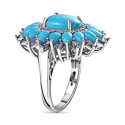 AAA Sleeping Beauty Turquoise and Multi Gemstone Floral Ring in Platinum Over Sterling Silver (Size 10.0) 8.60 ctw