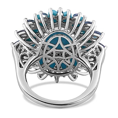 AAA Sleeping Beauty Turquoise and Multi Gemstone Floral Ring in Platinum Over Sterling Silver (Size 10.0) 8.60 ctw