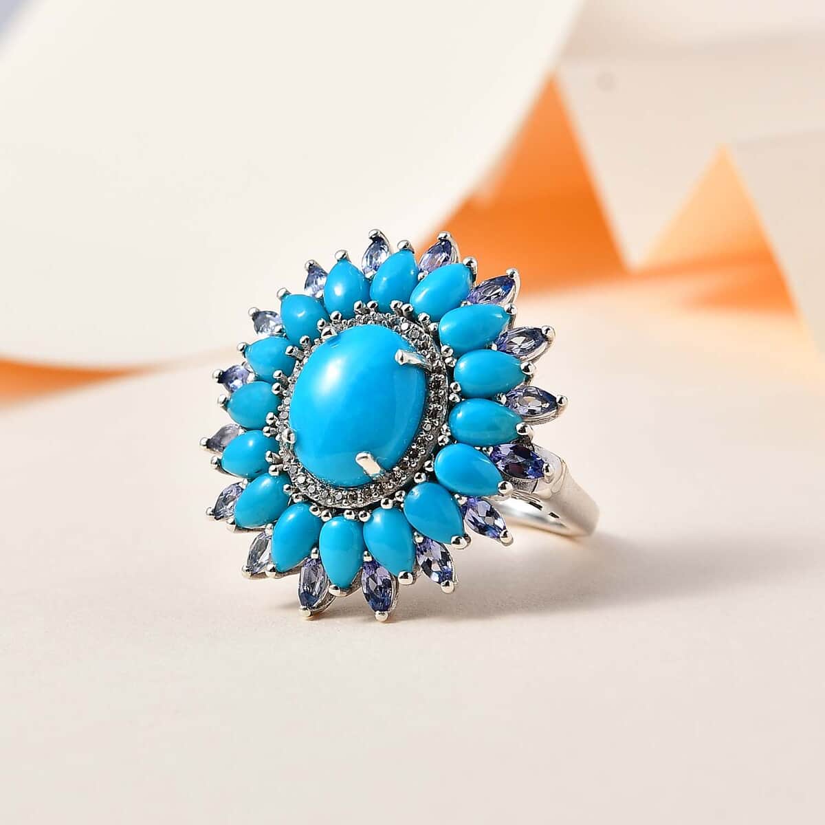 AAA Sleeping Beauty Turquoise and Multi Gemstone Floral Ring in Platinum Over Sterling Silver (Size 6.0) 8.60 ctw image number 1
