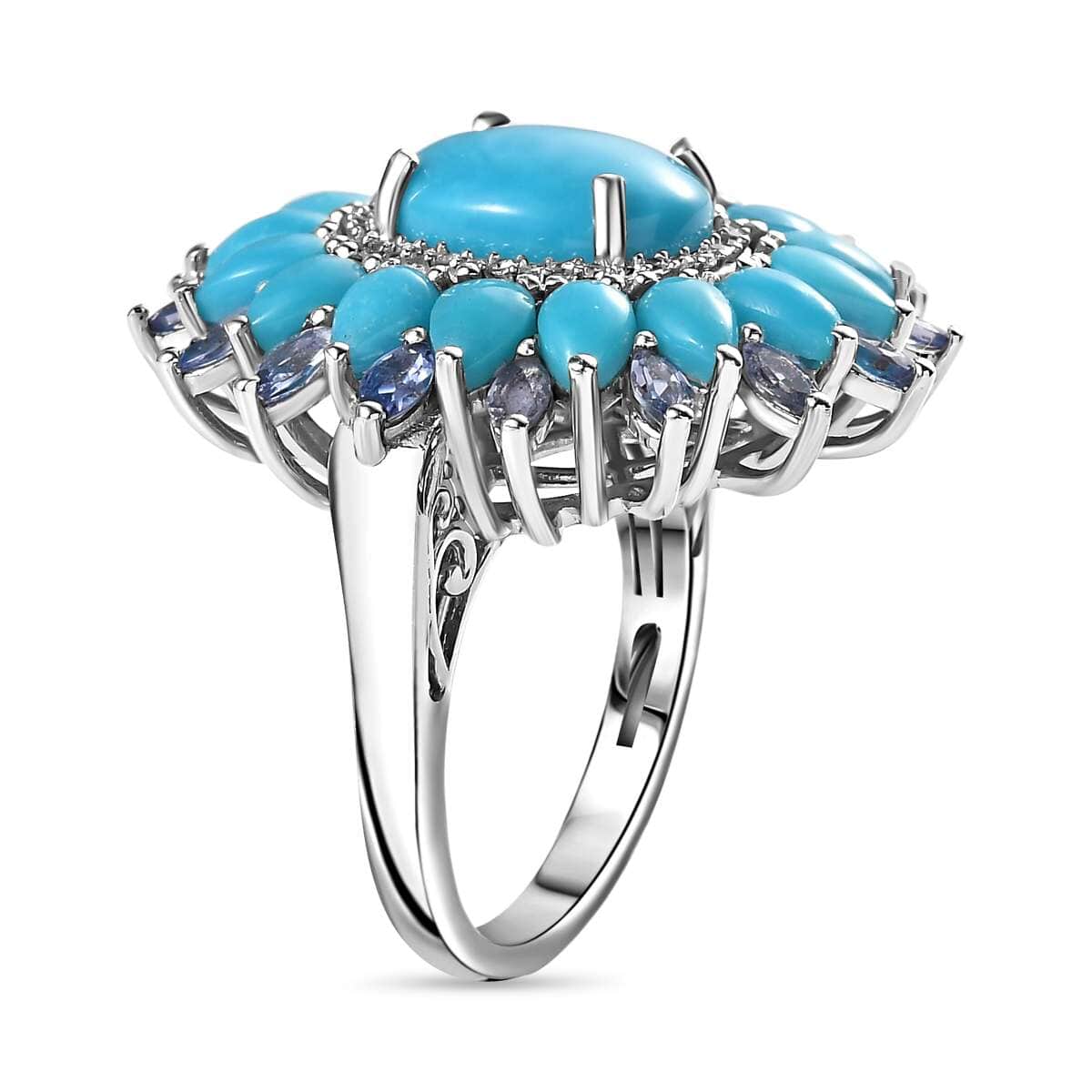 AAA Sleeping Beauty Turquoise and Multi Gemstone Floral Ring in Platinum Over Sterling Silver (Size 6.0) 8.60 ctw image number 3
