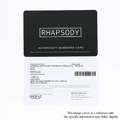 Certified & Appraised Rhapsody 950 Platinum AAAA Tanzanite and E-F VS Diamond Ring (Size 7.5) 4.15 Grams 2.80 ctw