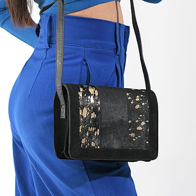 Black and Mustard Genuine Leather Hair On Crossbody Bag