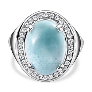 Premium Larimar and White Zircon 12.90 ctw Ring in Rhodium Over Sterling Silver (Size 11.5)