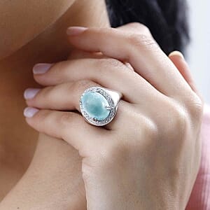 Premium Larimar and White Zircon 12.90 ctw Ring in Rhodium Over Sterling Silver (Size 11.5)