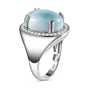 Premium Larimar and White Zircon 12.90 ctw Ring in Rhodium Over Sterling Silver (Size 11.5)