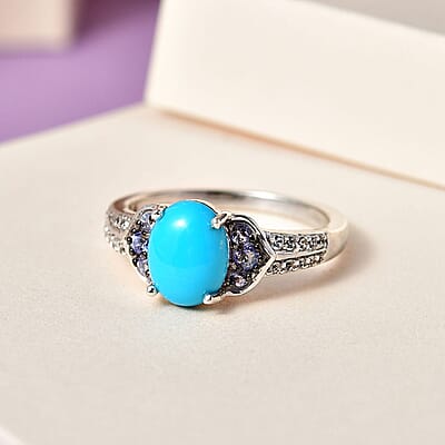 Sleeping Beauty Turquoise and Multi Gemstone Ring in Platinum Over Sterling Silver (Size 10.0) 2.00 ctw