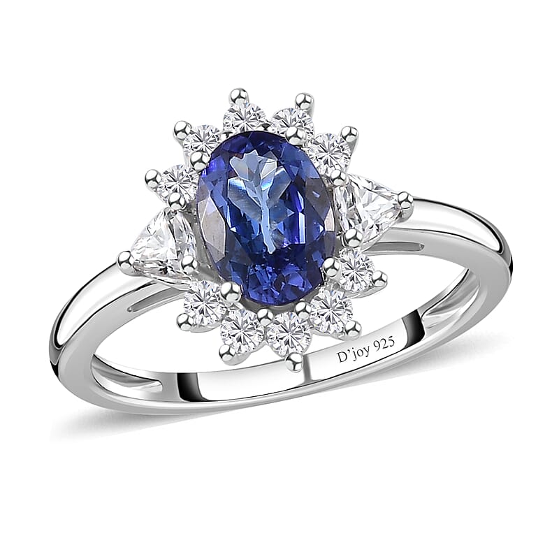 AAA Tanzanite and Moissanite Sunburst Ring in Platinum Over Sterling Silver (Size 6.0) 1.50 ctw