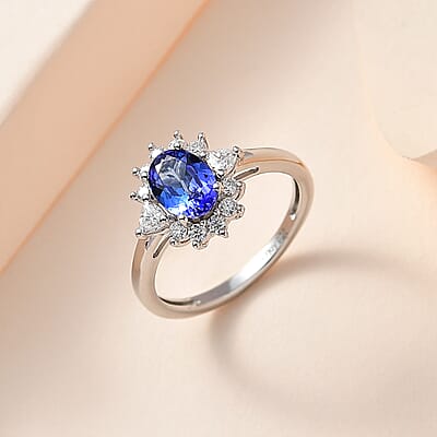 AAA Tanzanite and Moissanite Sunburst Ring in Platinum Over Sterling Silver (Size 6.0) 1.50 ctw