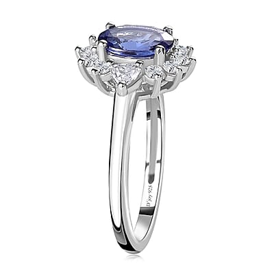 AAA Tanzanite and Moissanite Sunburst Ring in Platinum Over Sterling Silver (Size 6.0) 1.50 ctw