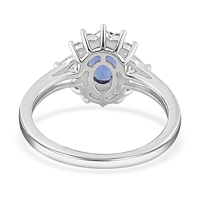 AAA Tanzanite and Moissanite Sunburst Ring in Platinum Over Sterling Silver (Size 6.0) 1.50 ctw