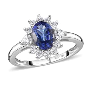 AAA Tanzanite and Moissanite Sunburst Ring in Platinum Over Sterling Silver (Size 7.0) 1.50 ctw