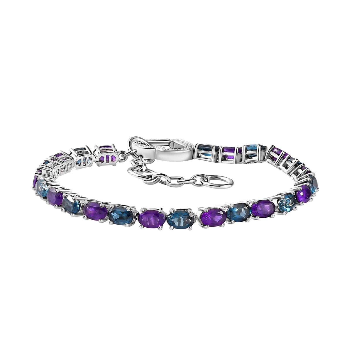 African Amethyst, London Blue Topaz and Moissanite 11.85 ctw Bracelet in Platinum Over Sterling Silver (6.50-8.0In) image number 0