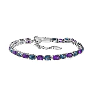 African Amethyst, London Blue Topaz and Moissanite 11.85 ctw Bracelet in Platinum Over Sterling Silver (6.50-8.0In)