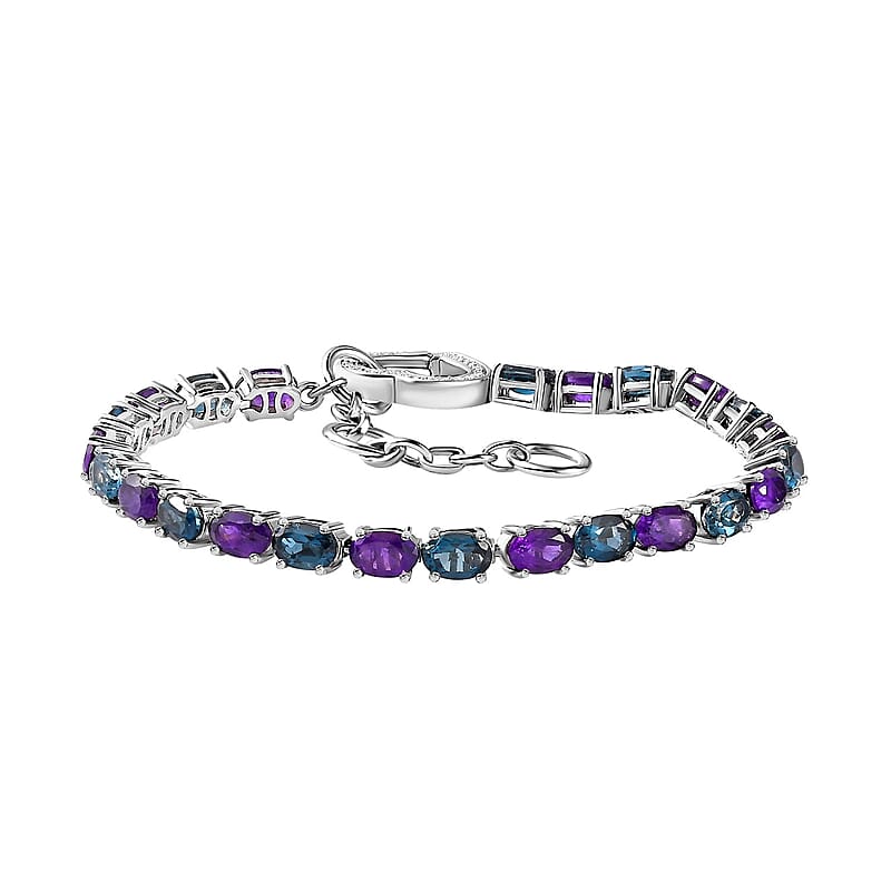 African Amethyst, London Blue Topaz and Moissanite 11.85 ctw Bracelet in Platinum Over Sterling Silver (6.50-8.0In)