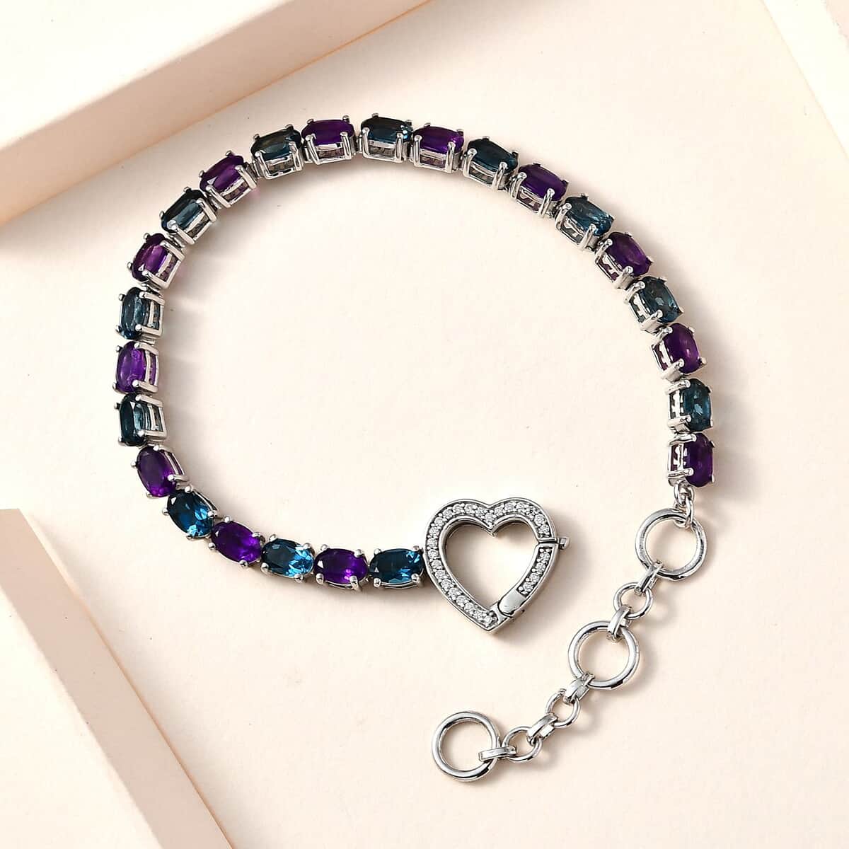 African Amethyst, London Blue Topaz and Moissanite 11.85 ctw Bracelet in Platinum Over Sterling Silver (6.50-8.0In) image number 1