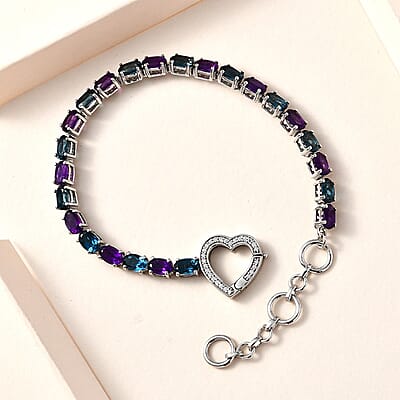 African Amethyst, London Blue Topaz and Moissanite 11.85 ctw Bracelet in Platinum Over Sterling Silver (6.50-8.0In)