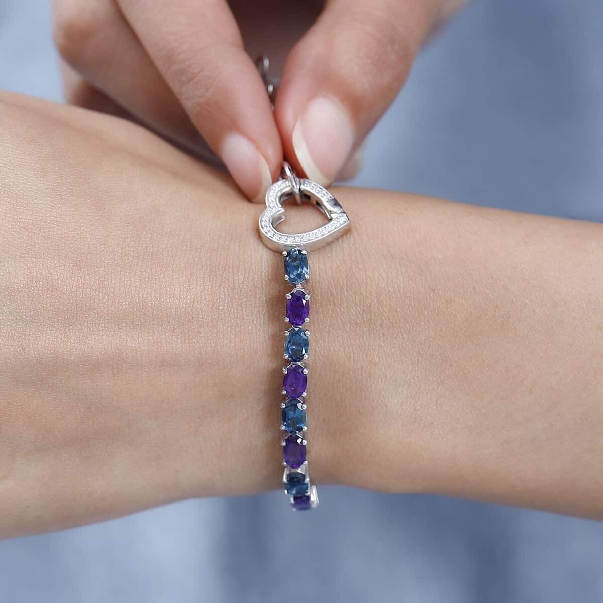 African Amethyst, London Blue Topaz and Moissanite 11.85 ctw Bracelet in Platinum Over Sterling Silver (6.50-8.0In) image number 2