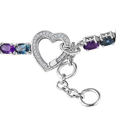 African Amethyst, London Blue Topaz and Moissanite 11.85 ctw Bracelet in Platinum Over Sterling Silver (6.50-8.0In)
