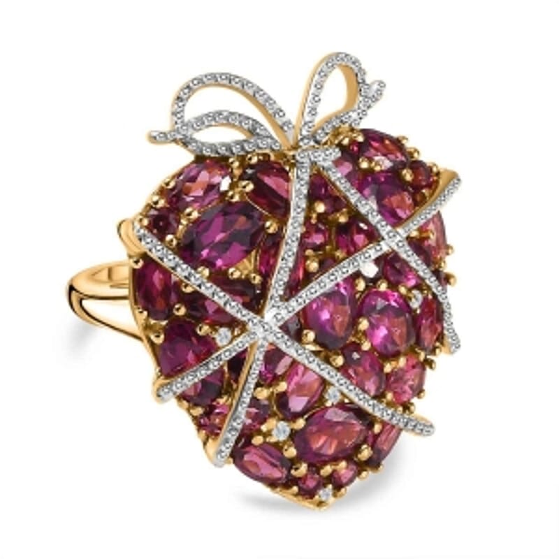 Orissa Rhodolite Garnet and Multi Gemstone 9.29 ctw Fancy Ring in Vermeil Yellow Gold Over Sterling Silver (Size 8)