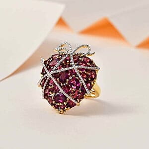 Orissa Rhodolite Garnet and Multi Gemstone 9.29 ctw Fancy Ring in Vermeil Yellow Gold Over Sterling Silver (Size 8)