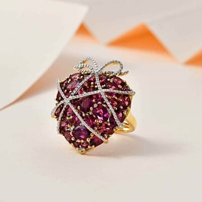 Orissa Rhodolite Garnet and Multi Gemstone 9.29 ctw Fancy Ring in Vermeil Yellow Gold Over Sterling Silver (Size 8)