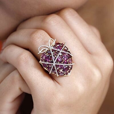 Orissa Rhodolite Garnet and Multi Gemstone 9.29 ctw Fancy Ring in Vermeil Yellow Gold Over Sterling Silver (Size 8)