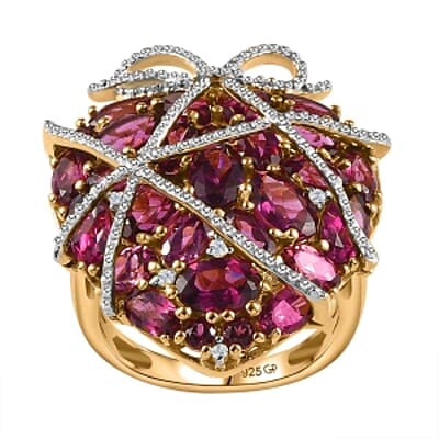 Orissa Rhodolite Garnet and Multi Gemstone 9.29 ctw Fancy Ring in Vermeil Yellow Gold Over Sterling Silver (Size 8)