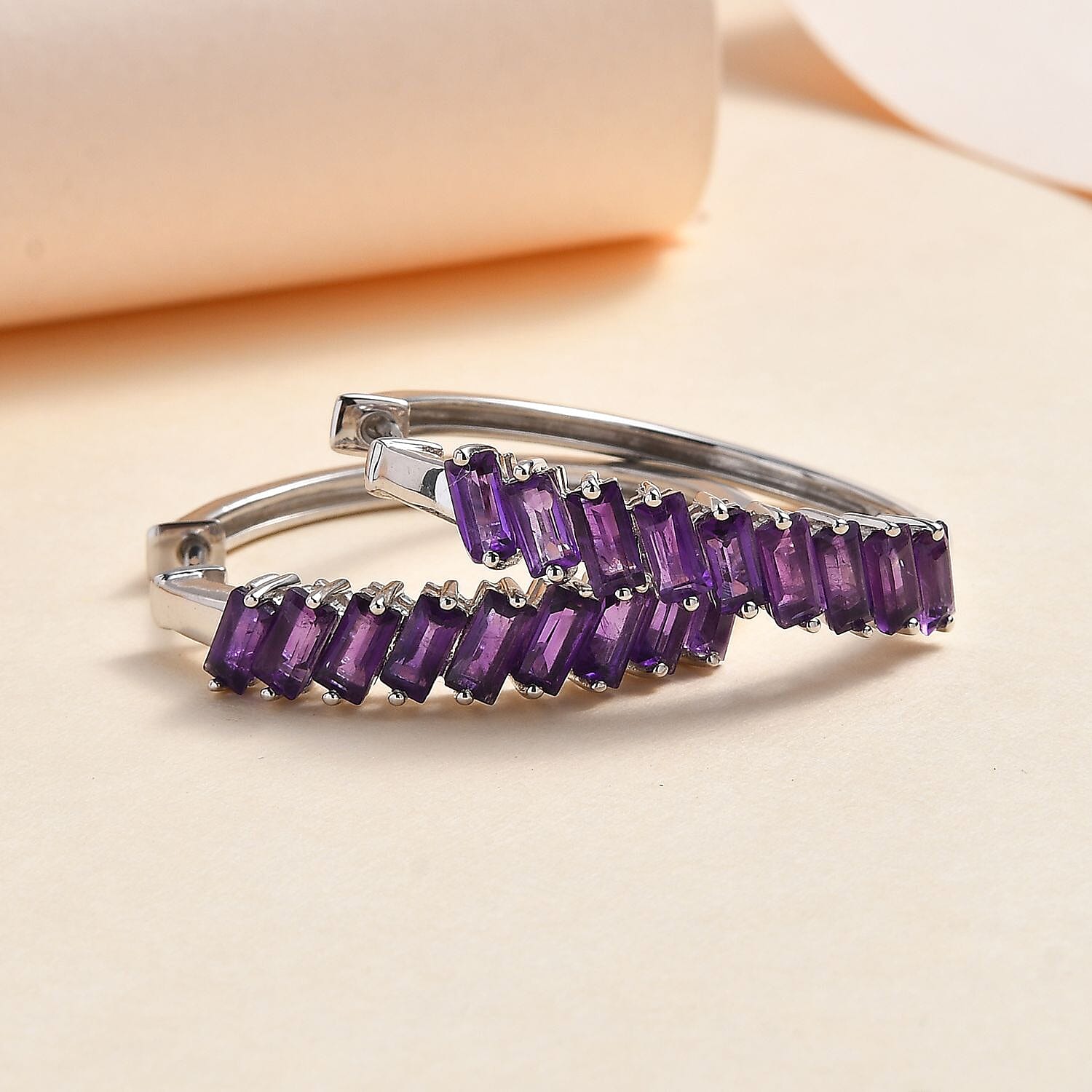 African Amethyst Hoop Earrings in Platinum Over Sterling Silver 3.60 ctw