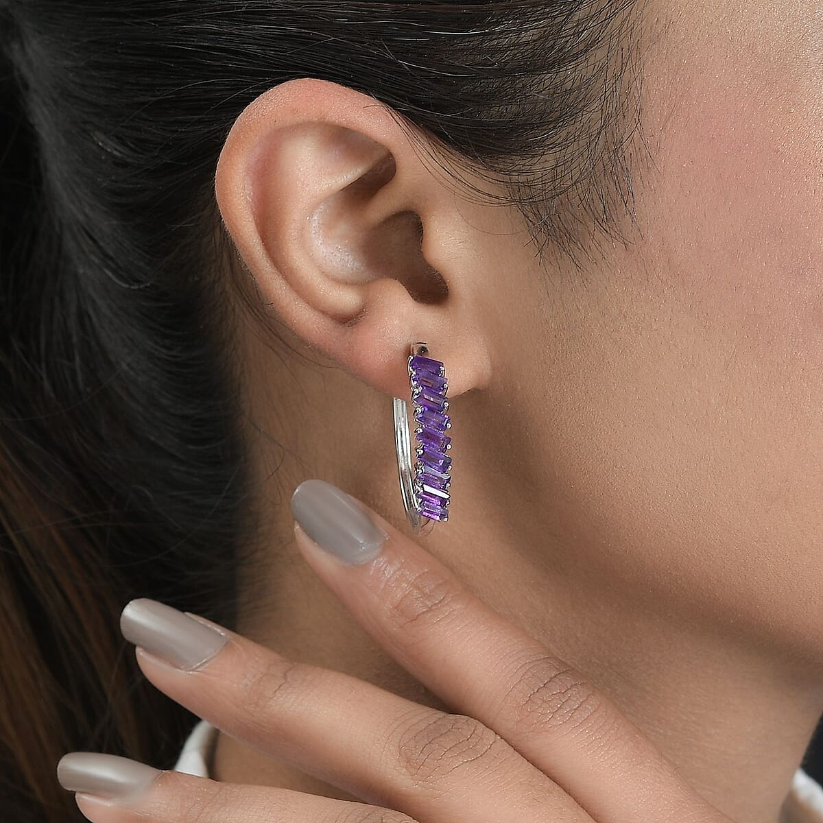 African Amethyst Hoop Earrings in Platinum Over Sterling Silver 3.60 ctw image number 2