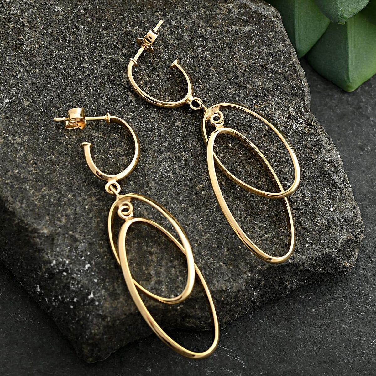 Italian 10K Yellow Gold Double Oval Drop Half Hoop Earrings 1.95 Grams image number 1