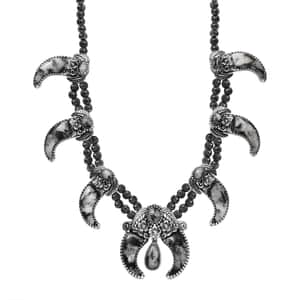 Artisan Crafted White Buffalo Bear Claw Squash Blossom Necklace 18-20 Inches in Black Oxidized Sterling Silver 101.90 ctw