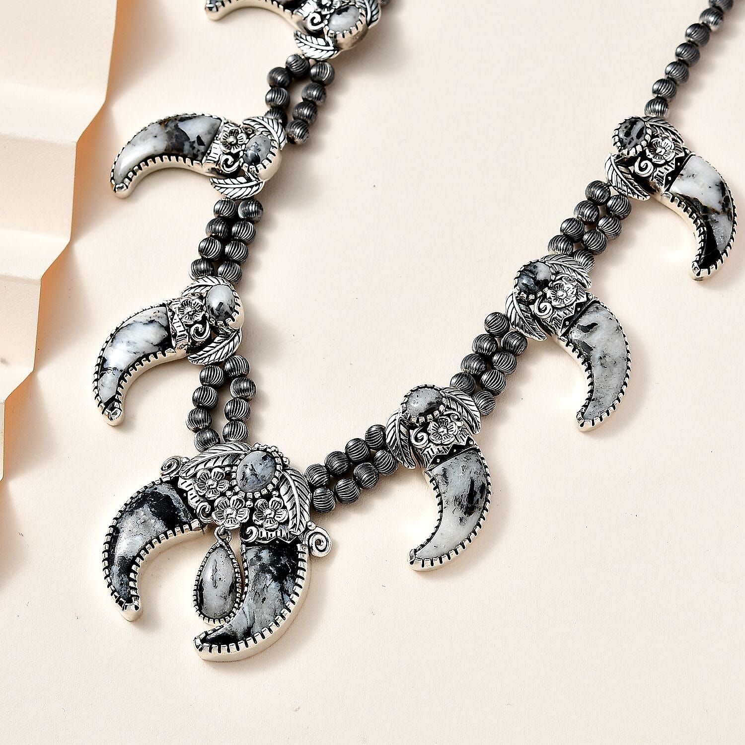 Artisan Crafted White Buffalo Bear Claw Squash Blossom Necklace 18-20 Inches in Black Oxidized Sterling Silver 101.90 ctw
