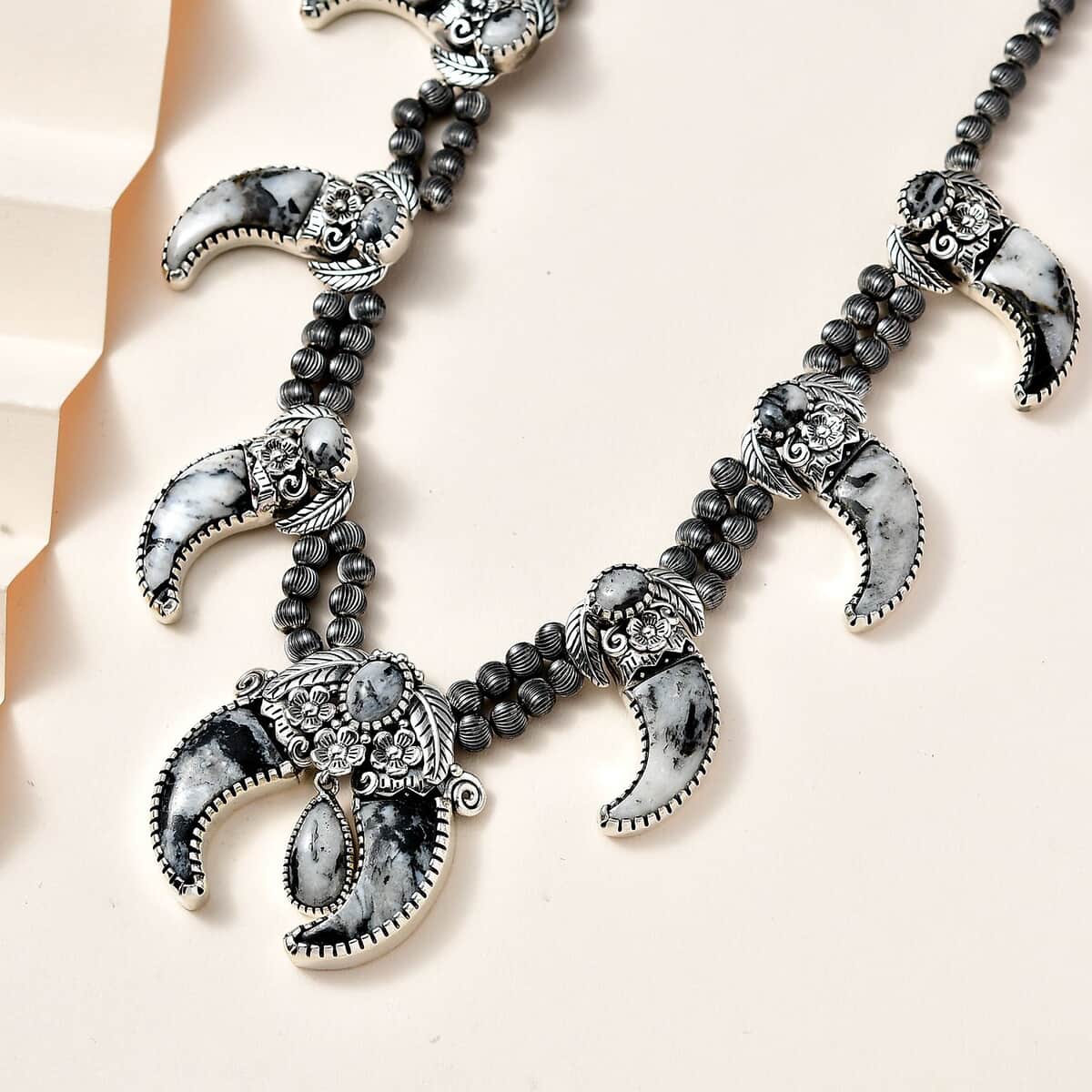 Artisan Crafted White Buffalo Bear Claw Squash Blossom Necklace 18-20 Inches in Black Oxidized Sterling Silver 101.90 ctw image number 1