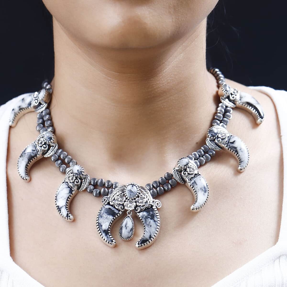 Artisan Crafted White Buffalo Bear Claw Squash Blossom Necklace 18-20 Inches in Black Oxidized Sterling Silver 101.90 ctw image number 2