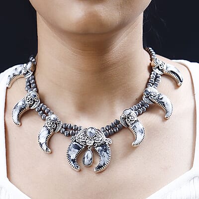 Artisan Crafted White Buffalo Bear Claw Squash Blossom Necklace 18-20 Inches in Black Oxidized Sterling Silver 101.90 ctw