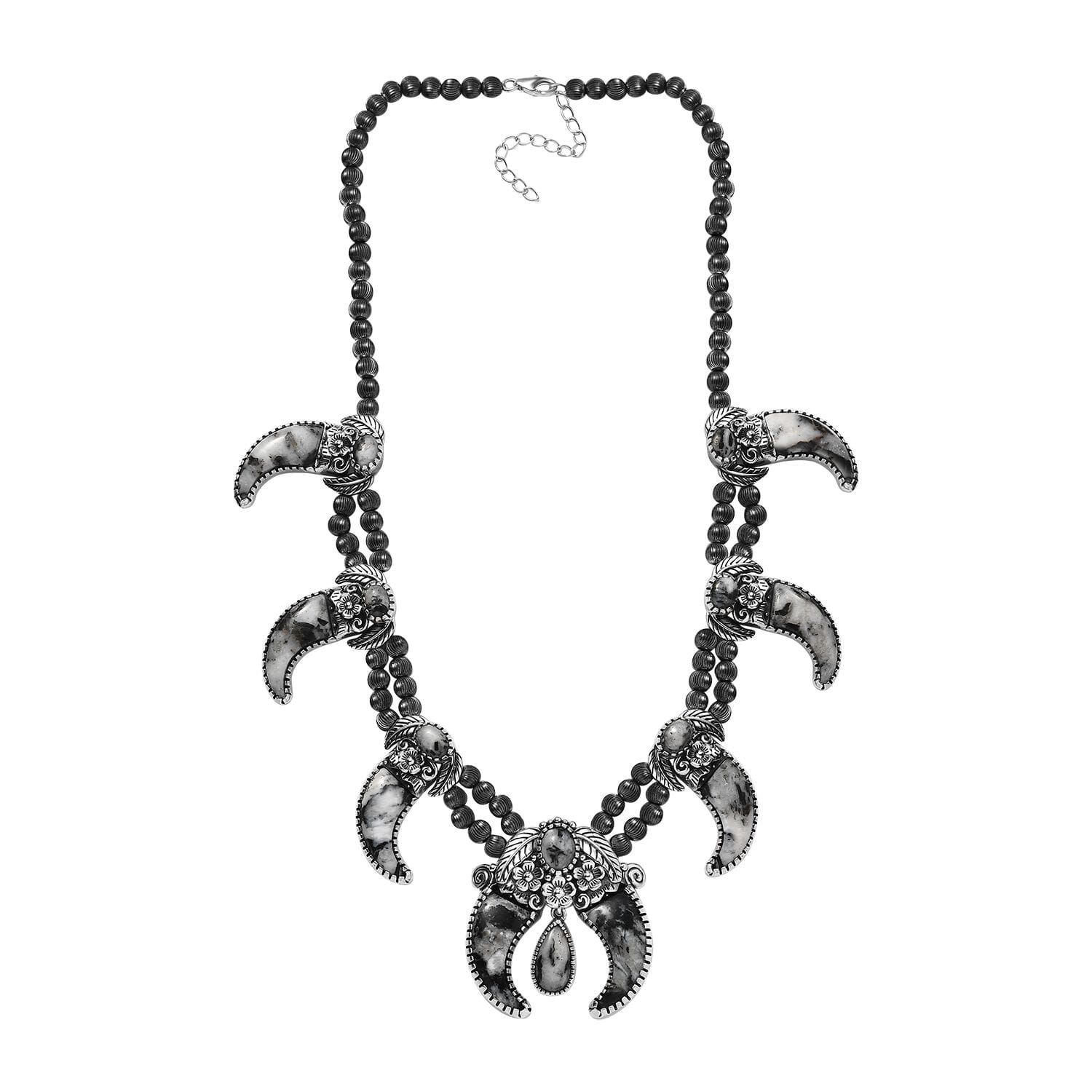 Artisan Crafted White Buffalo Bear Claw Squash Blossom Necklace 18 20 Inches in Black Oxidized Sterling Silver 101.90 CTW Shop LC