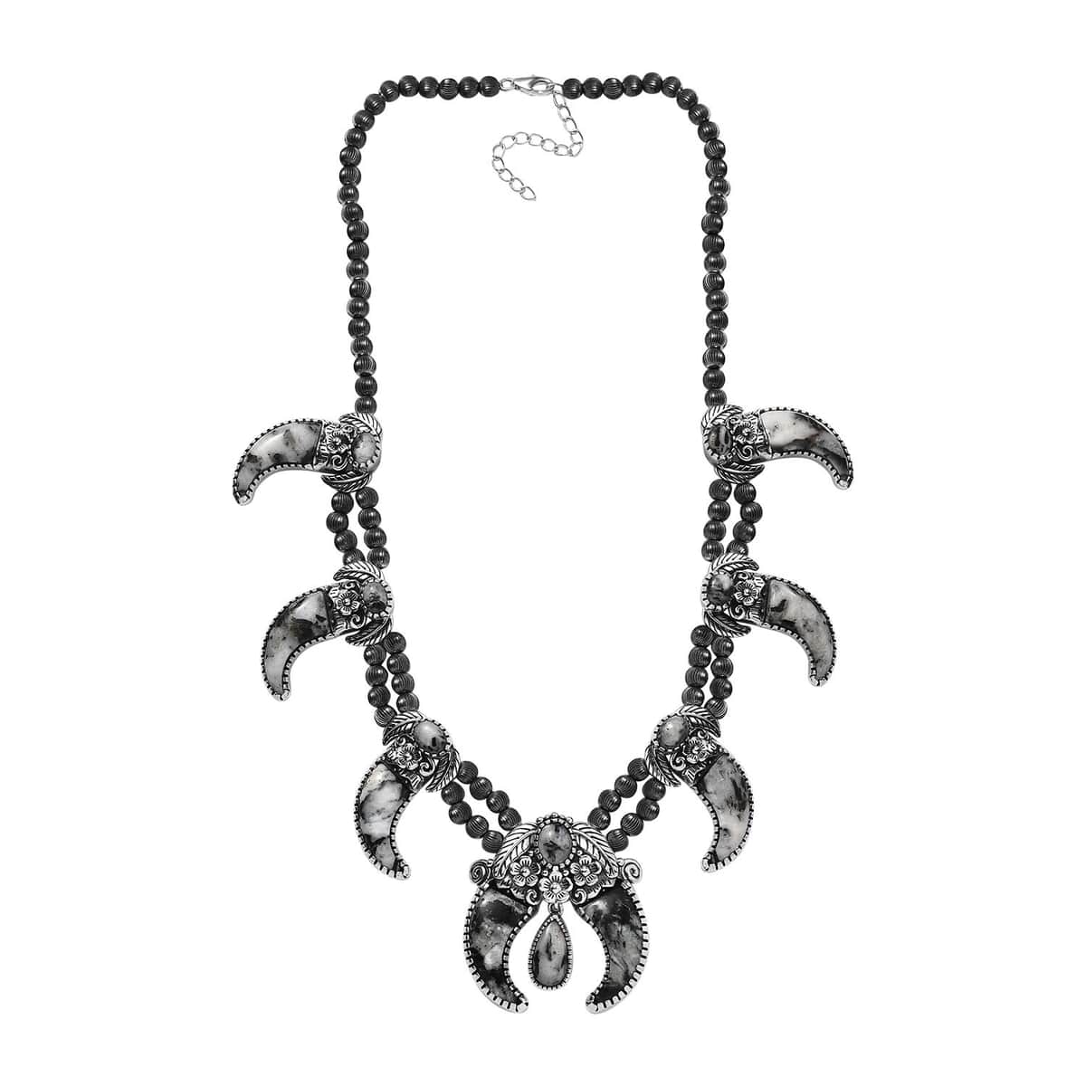 Artisan Crafted White Buffalo Bear Claw Squash Blossom Necklace 18-20 Inches in Black Oxidized Sterling Silver 101.90 ctw image number 3