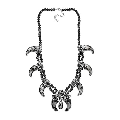 Artisan Crafted White Buffalo Bear Claw Squash Blossom Necklace 18-20 Inches in Black Oxidized Sterling Silver 101.90 ctw