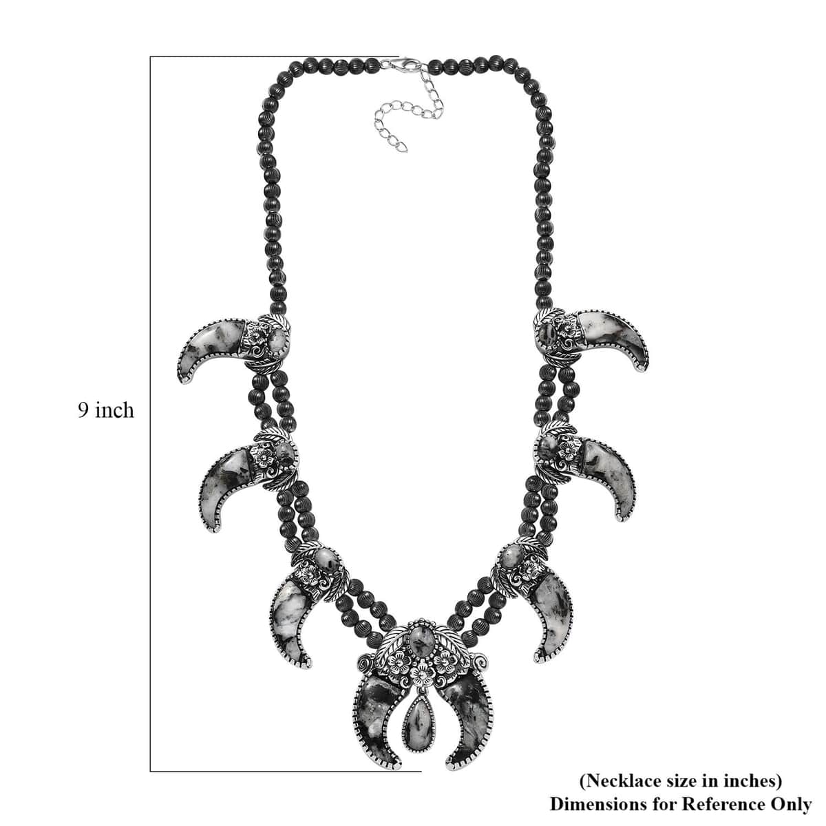 Artisan Crafted White Buffalo Bear Claw Squash Blossom Necklace 18-20 Inches in Black Oxidized Sterling Silver 101.90 ctw image number 5