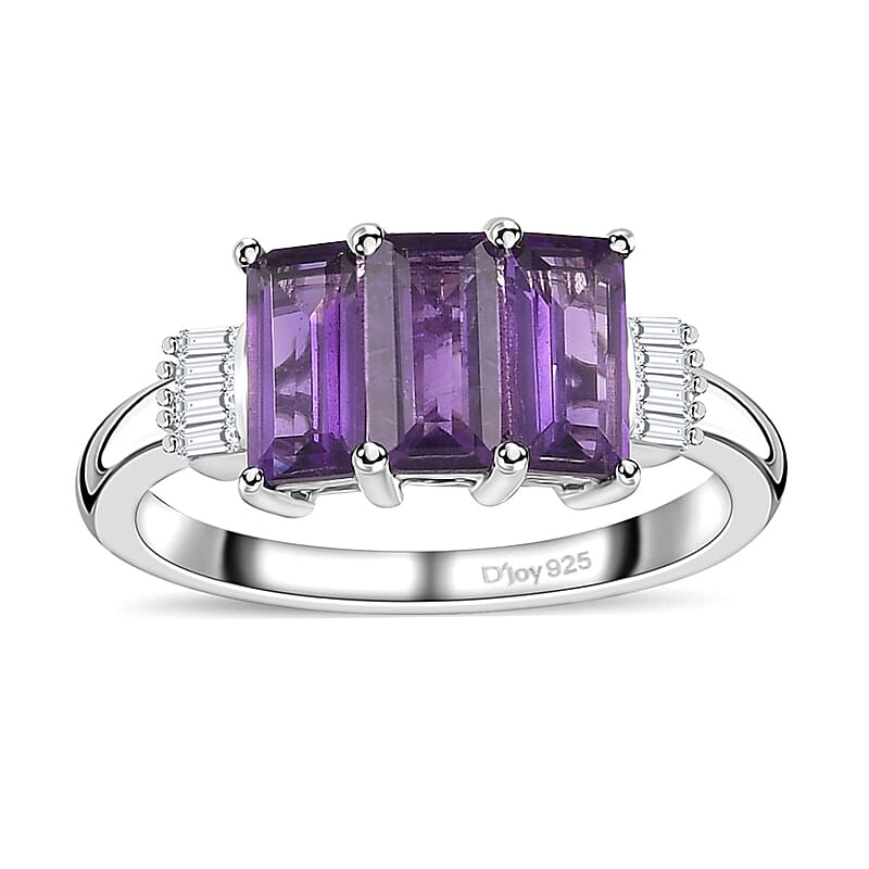 African Amethyst and Diamond 3 Stone Ring in Platinum Over Sterling Silver (Size 10.0) 1.60 ctw