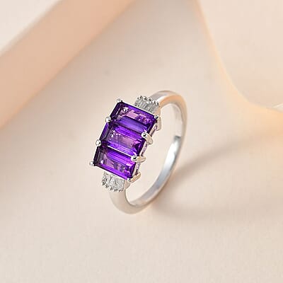 African Amethyst and Diamond 3 Stone Ring in Platinum Over Sterling Silver (Size 10.0) 1.60 ctw