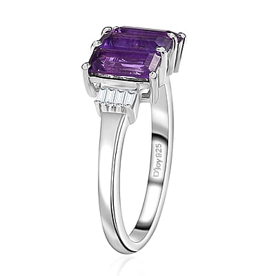 African Amethyst and Diamond 3 Stone Ring in Platinum Over Sterling Silver (Size 10.0) 1.60 ctw