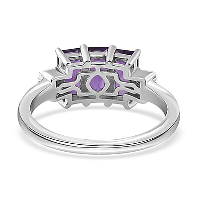 African Amethyst and Diamond 3 Stone Ring in Platinum Over Sterling Silver (Size 10.0) 1.60 ctw
