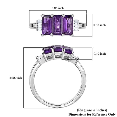African Amethyst and Diamond 3 Stone Ring in Platinum Over Sterling Silver (Size 10.0) 1.60 ctw